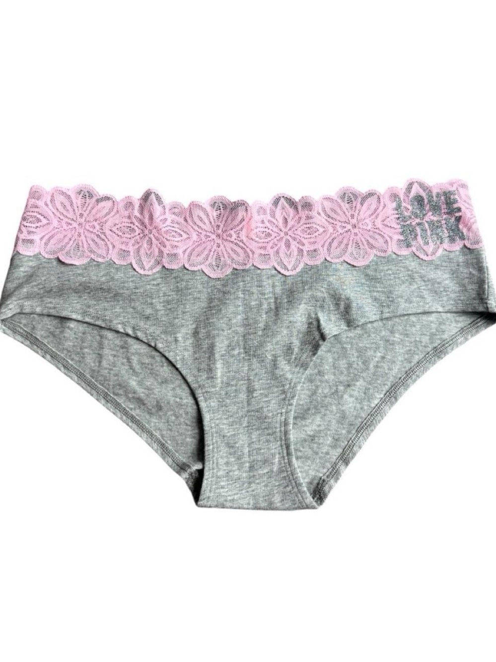 VS PINK 2016 Deadstock Gray Cotton Hipster Briefs with Pink Lace Waistband